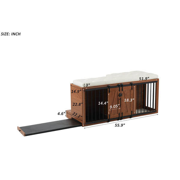 English Elm 56"L, 56"L Mid-Century Walnut Dog Crate Bench Ottoman with Sliding Barn Door, Padded Removable Cushion, Wheels, 300lb耐 N843P293660W