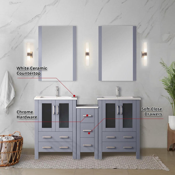 English Elm Dark Grey Double Bath Vanity Set With White Ceramic Top, Chrome Faucet, Mirrors & Side Cabinet B2731S01210