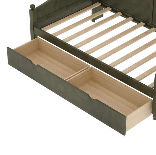 English Elm Twin Daybed Retro Wood Frame with Under Bed Drawers and Headboard Shelving Antique Grey N733S415358E