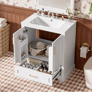 English Elm 30" Modern Bathroom Vanity with Ceramic Sink, Soft-Close Doors, Divided Drawer & Dual Door Shelves White N729P321376K