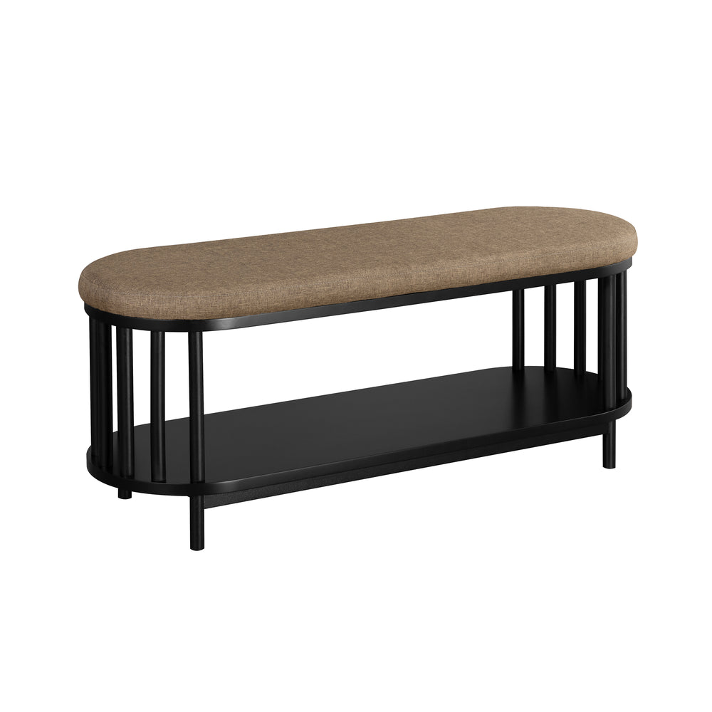 English Elm Walker Edison - Scandi Upholstered-Top Storage Bench with Cushion, Lower Shelf, Slatted Sides, Black MDF Design B185P169086