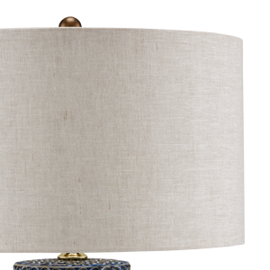 Polka Dot Blue Table Lamp - Modern Ceramic Design with Natural Linen Shade and Reactive Glaze Finish