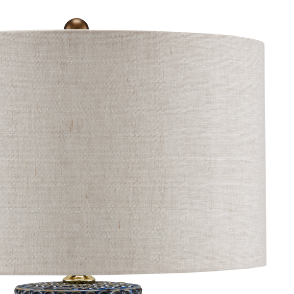 Polka Dot Blue Table Lamp - Modern Ceramic Design with Natural Linen Shade and Reactive Glaze Finish