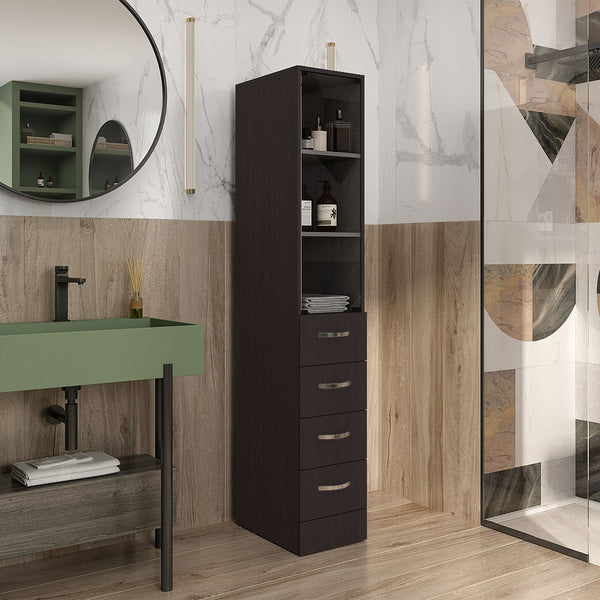 English Elm Linen 68" Tall Black Bathroom Cabinet with 3 Shelves, 4 Drawers, Metal Handles—Space Saving Storage and Modern Design B097P296830