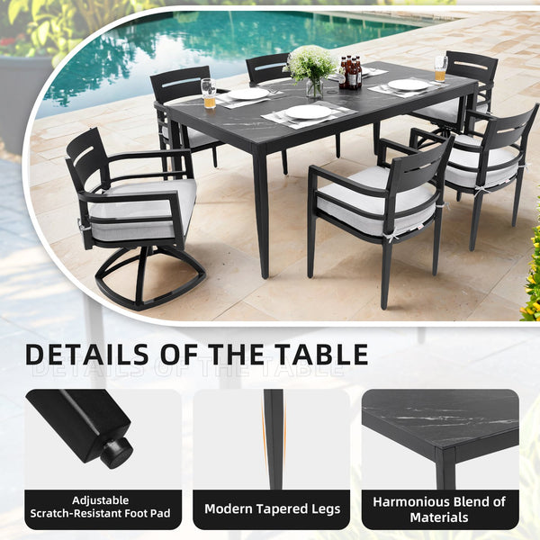 English Elm Modern 7Pc Outdoor Patio Dining Set With Black Marble-Look Table, 4 Chairs & 2 Swivel Rockers W1886S00015