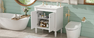English Elm 30" French Style Bathroom Vanity with Ceramic Basin Soft Close Doors Wood Legs White N710P415327K