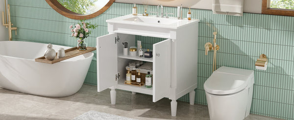 English Elm 30" French Style Bathroom Vanity with Ceramic Basin Soft Close Doors Wood Legs White N710P415327K