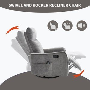 English Elm Blue Fabric Swivel Rocker Recliner with Massage Heat Nodes for Living Room Comfort Dark Gray W1803P321841