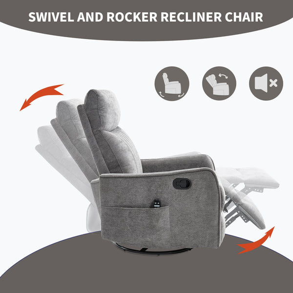 English Elm Blue Fabric Swivel Rocker Recliner with Massage Heat Nodes for Living Room Comfort Dark Gray W1803P321841