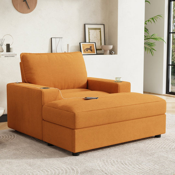 English Elm Christopher Knight Home® - 42.8" Oversized Chaise Lounge with Storage Ottoman, Corduroy Upholstery, USB Port & Cup Holders for Cozy Living Space Yellow N765P350851Y