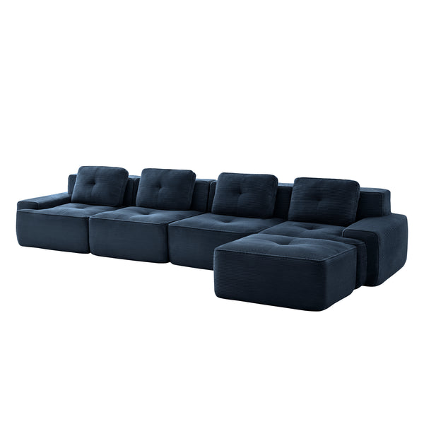 English Elm 153" Modern L-Shaped Modular Sectional Sofa: Cozy 4-Seater With Tufted Design & Movable Ottoman, Blue W714S01499