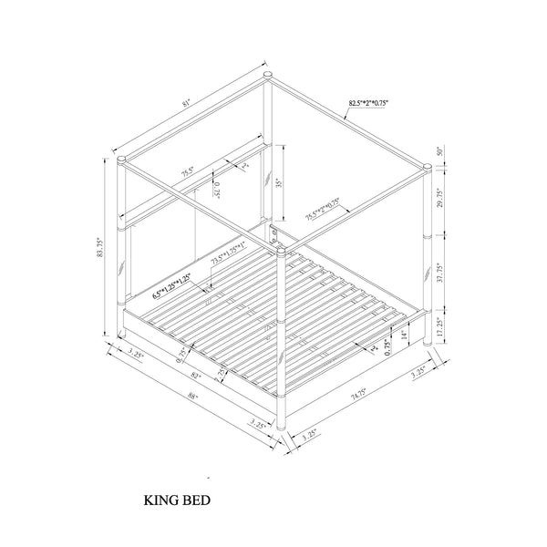 English Elm Malco King Oak Four Post Bed with Upholstered Headboard, Acrylic Posts & Gold Accents, Low Profile - Solid Wood MDF Luxurious Design B201S00422