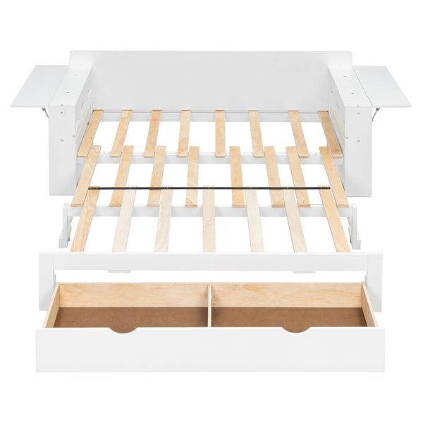 English Elm Full Size Daybed with Hydraulic Desk Armrests Storage Drawer and Sofa Seating White LT000271AAK