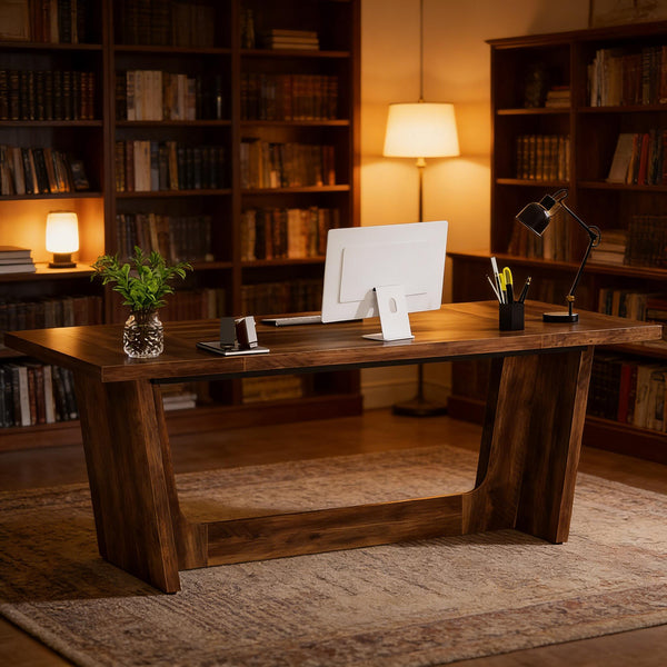 English Elm Industrial Executive Wood Desk with Rustic Brown Veneer for Home Office Workspaces T3971P450979