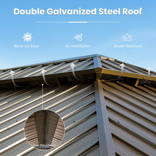 English Elm 14' X 22' Hardtop Gazebo with Drainage System, Dual-Layer Galvanized Roof, Curtains & Mesh Protection Brown W1859S00152