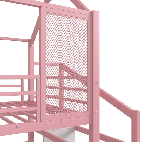 English Elm Full Full House Loft bed with Slide and Stairs, Metal House Play Loft with Storage Shelves and Quiet Design Pink W1580S00351