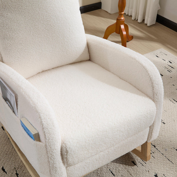 English Elm Modern Upholstered Glider Rocker with Teddy Fabric High Back and Rubberwood Base White W3723P409074