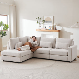 English Elm MH100.2" Sofa Convertible L-Shaped Linen Sectional with Movable Ottoman 5 Cushions 4 Lumbar Pillows Beige W1193S00140