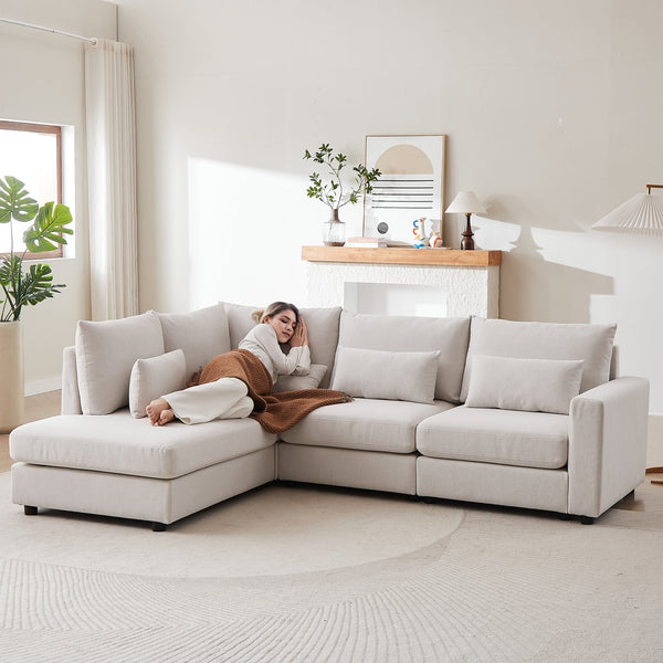 English Elm MH100.2" Sofa Convertible L-Shaped Linen Sectional with Movable Ottoman 5 Cushions 4 Lumbar Pillows Beige W1193S00140