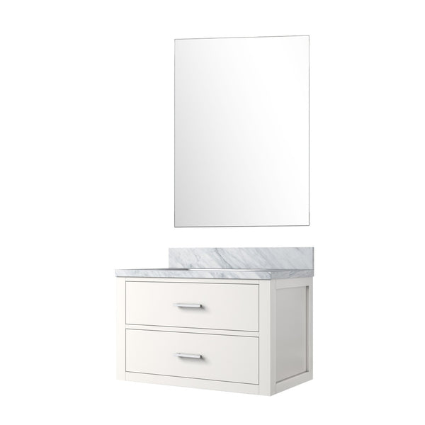 English Elm White Single Bath Vanity Set With Carrara Marble Top & Frameless Mirror - Elegant Bathroom Upgrade B2731S01422-GIGA