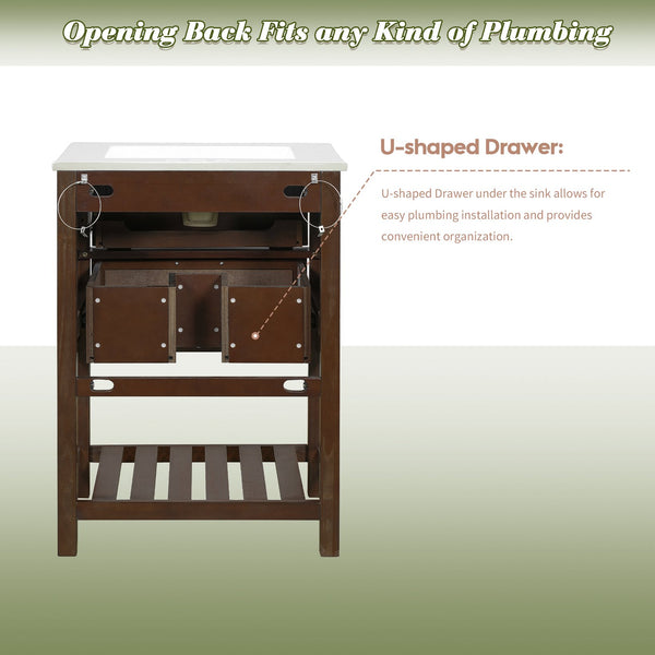English Elm 24" Rattan Front Bathroom Vanity with Ceramic Sink Deep Drawer Storage Mdf Cabinet Dark Brown N710P293990P
