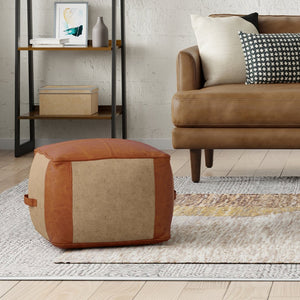 English Elm Atkinson Round Pouf Ottoman in Tan Leather & Jute — Top-Grain Buffalo Leather, Supportive Bead Fill, 18" B136P159346