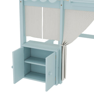 English Elm Full Loft Bed With Playful Cottage Design, Built-In Bookshelf, Curtain & Safety Guardrails For Kids W1580S00360