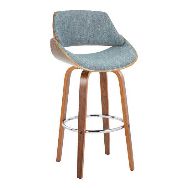 English Elm 30" Mid-century Swivel Barstools Walnut Bentwood Frame Blue Upholstered Seat Set of 2 B202S00563