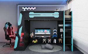 English Elm Full Size Wood Loft Bed with Rgb Lighting Desk Storage and Gaming Console Shelf Blue LT000260AAC