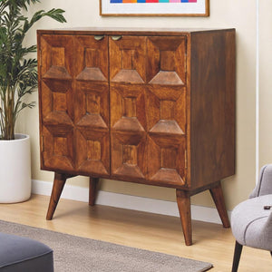 English Elm Quad Cabinet Solid Mango Wood Console Table in Chestnut with Quad Cut-Out Doors, Nordic Legs, Storage-Friendly Design B182P295020