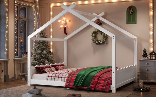 English Elm Queen House Frame Floor Bed Solid Pine Montessori Low Profile Kids Bedroom Light White W1580P387847
