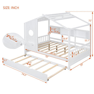 English Elm Wooden Full Size House Bed with Trundle and Built-In Shelves — Modern Pine Frame, Whimsical Roof Design White 57.2 L x 16.25 W x 5.9 H N733S316125K