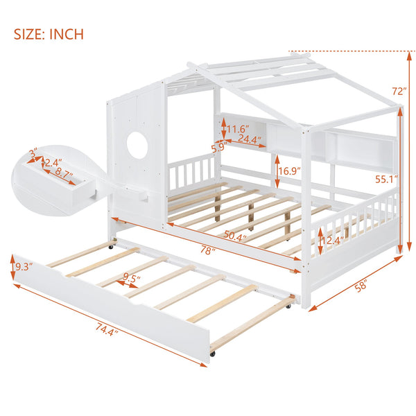English Elm Wooden Full Size House Bed with Trundle and Built-In Shelves — Modern Pine Frame, Whimsical Roof Design White 57.2 L x 16.25 W x 5.9 H N733S316125K