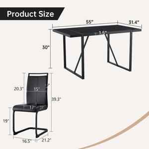 English Elm Black Faux Wood Grain Mdf Rectangular Dining Set with Six Arched Leg Pu Chairs W1151S04365