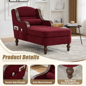 English Elm UNITED Oversized Chaise Lounge Sofa Bed with Solid Wood Arms, High-Resilience Foam, 800lb Capacity and Storage Pockets WINE RED W1568S00210