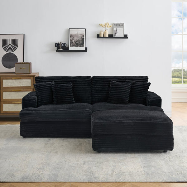 English Elm 88.58 Inch Black Corduroy Sofa - Cloud-Like Comfort With Storage Leg & 4 Pillows For Modern Spaces W3356S00009