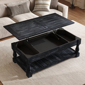 English Elm Farmhouse Lift Top Coffee Table Solid Wood Two Tier Hidden Storage Living Room W1445P412360