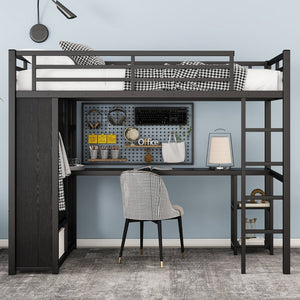 English Elm Twin Xl Loft Bed Frame With Desk & Wardrobe, Space-Saving Metal Design With Storage Shelves, Black W1580S00119-GIGA