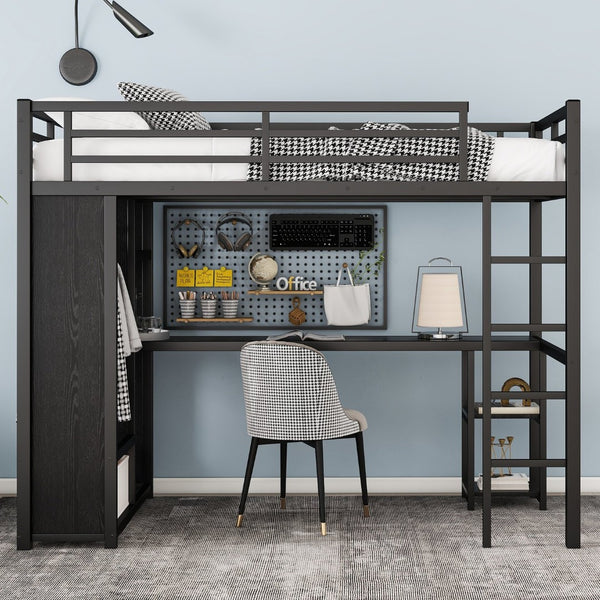 English Elm Twin Xl Loft Bed Frame With Desk & Wardrobe, Space-Saving Metal Design With Storage Shelves, Black W1580S00119-GIGA