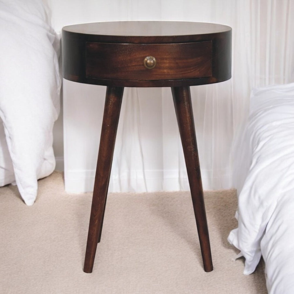 English Elm Solid Wood Circular Bedside Table In California Walnut Finish With 1 Drawer & Nordic Legs, Dark Brown B182P279273-GIGA