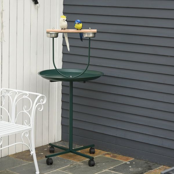 English Elm PawHut Rolling 48" T-Stand Bird Playstand with Large Perch, Stainless Bowls, Tray & Wheels Green W2225P173755