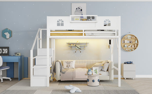 English Elm Full Size Steel Loft Bed with Staircase Storage Wardrobe Desk and Led Lighting White W2593S00056