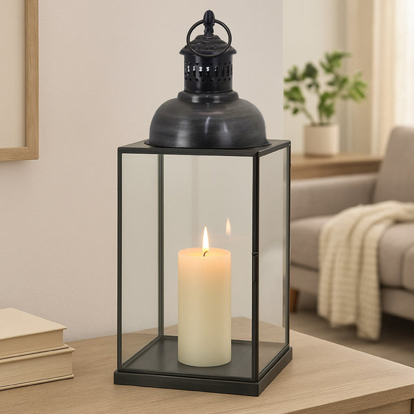 English Elm Laila Square Black Metal Lantern with Clear Glass Panels for Indoor Outdoor Decor B056P416921