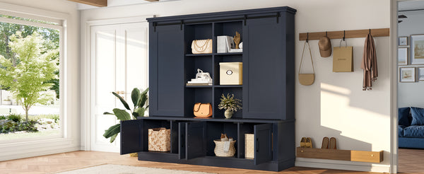 English Elm The Industrial Barn Door Entryway Cabinet with Sliding Rails and 12 Storage Compartments Blue W1580S00272