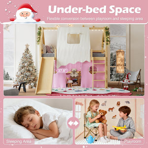 English Elm Twin Pine Loft Bed with House Frame Tent Led Lights Slide and Floor Space Below W1580S00289