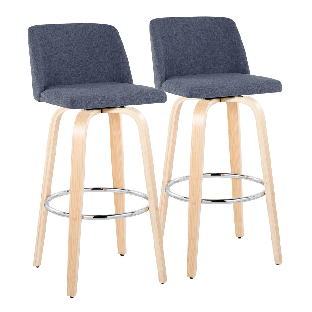 English Elm 30" Swivel Barstools Set of 2 Bentwood Legs Blue Upholstered Seat Chrome Footrest B202S00668