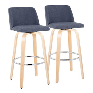 English Elm 30" Swivel Barstools Set of 2 Bentwood Legs Blue Upholstered Seat Chrome Footrest B202S00668