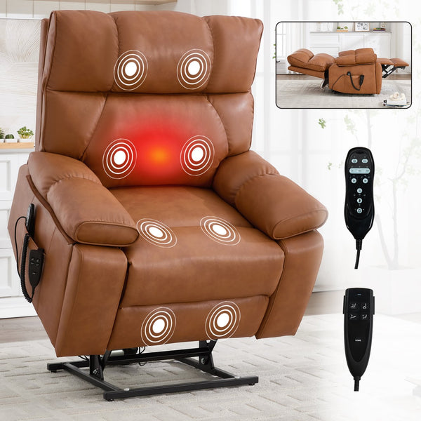 English Elm Orange Leatheraire Dual Motor Power Lift Recliner with Massage Heat and Lumbar W1803P340283