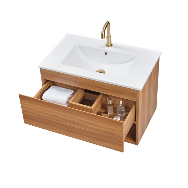 English Elm 24 Inch Floating Bathroom Vanity Fluted Walnut Cabinet with Ceramic Sink Modern W3520S00041