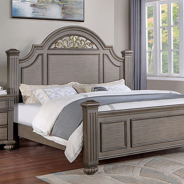English Elm Queen Panel Bed with Floral Paneled Headboard and Antique Brass Accents, Elegant Contemporary Design Gray 67 L x 50 W x 6 H B2741S00048